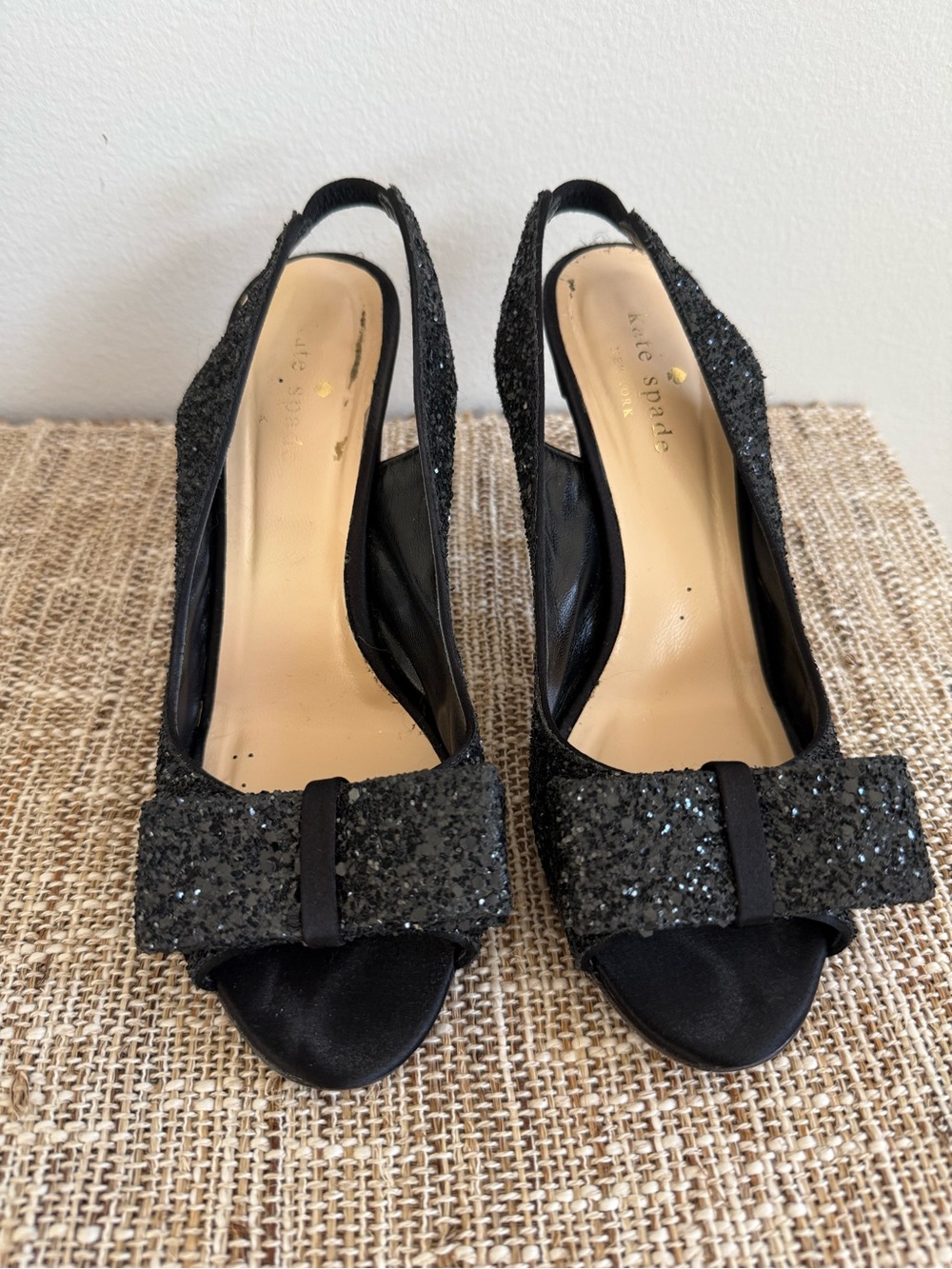 kate spade Black Glitter Bow Slingback Heels